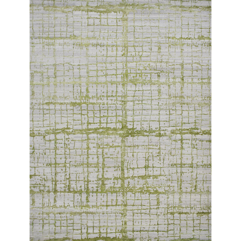 Tapis gris / vert noué à la main de haute qualité, Rectangle 9 pi x 12 pi