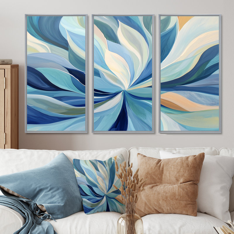 «Blue Faded Leaves» - ensemble d'impression d'art mural feuilles, H 32 po x l 48 po, Reproduction avec cadre flottant