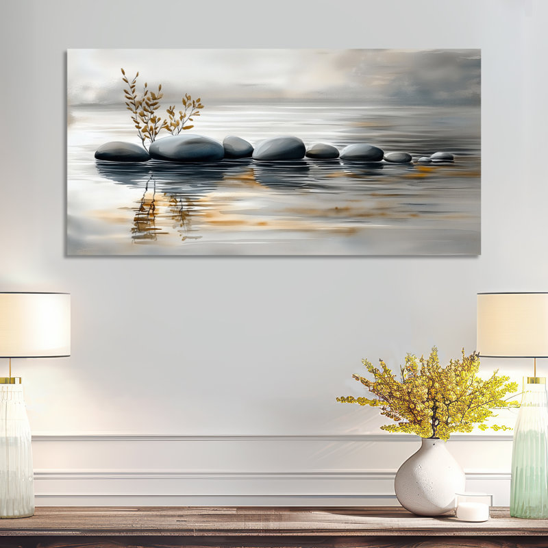 «Gray Orange Stones on Water Surface - Gray Zen», impression sur toile encadrée apaisante, H 16 po x l 32 po, Toile tendue
