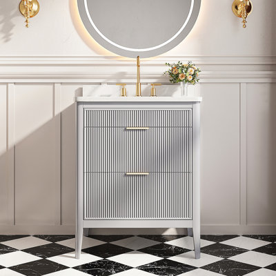 30'' Freestanding Single Sink Bathroom Vanity With 2 Handle Sets And Engineered Marble Top– Fully Assembled
