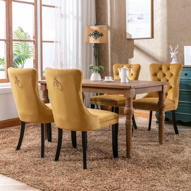 Allena Tufted Chairs Upholstered Chairs with Solid Wood Frame Nailhead Back and Ring Pull Trim , Velvet Gold, Black, 2