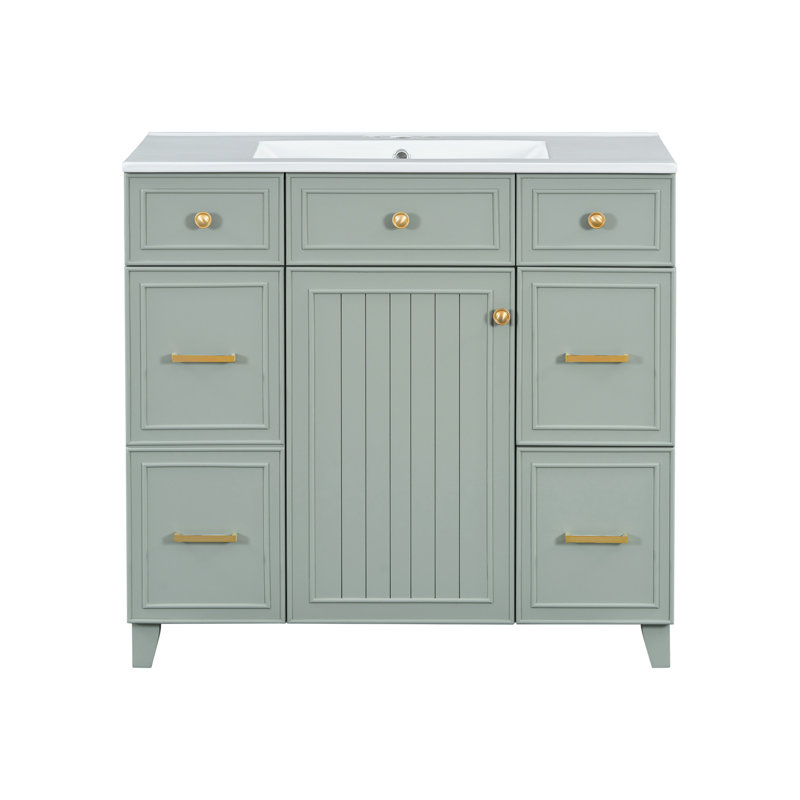 Meuble-lavabo 36 po avec lavabo en céramique gris, structure en bois massif, portes à fermeture en douceur, tablettes réglables, 3 tiroirs, y compris un tiroir à double profondeur pour le rangement du sèche-cheveux