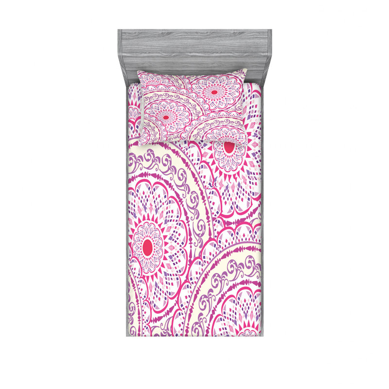 Ensemble de draps Ornament, Ensemble de draps pour lit simple avec un drap-hou, Rose / blanc, motif floral 1