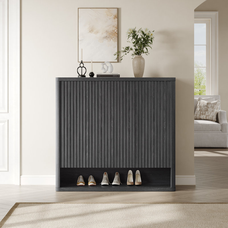 Cesiro 3 - Door Fluted Shoe Cabinet With Adjustable Shelves And Open - Bottom Access, Dark Gray Alder