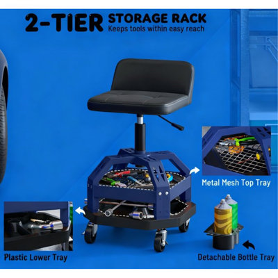 Capacité de tabouret mécanique, tabouret de garage roulant rampant, plateau à outils, hauteur réglable