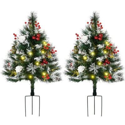 Arbre de Noël artificiel sans cordon avec lumières DEL blanc chaud, baies rouges, pommes de pin pour entrée extérieure | Idée de cadeau