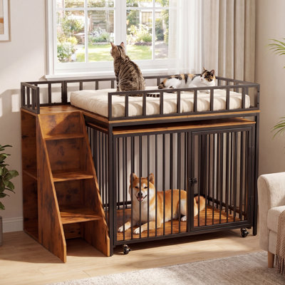 Mobilier de cage pour chien de style loft avec rangement et verrou de sécurité, lit superposé pour chien robuste avec escalier, maison pour animaux d'intérieur et d'extérieur