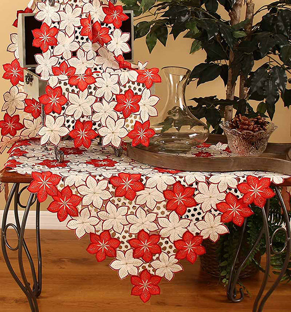 Candy Cane Poinsettia Embroidered Cutwork Holiday Table Topper