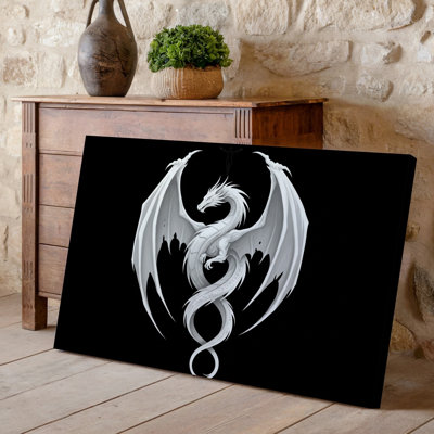 Toile Une illustration monochromatique frappante mettant en vedette un dragon stylisé avec des ailes tendues