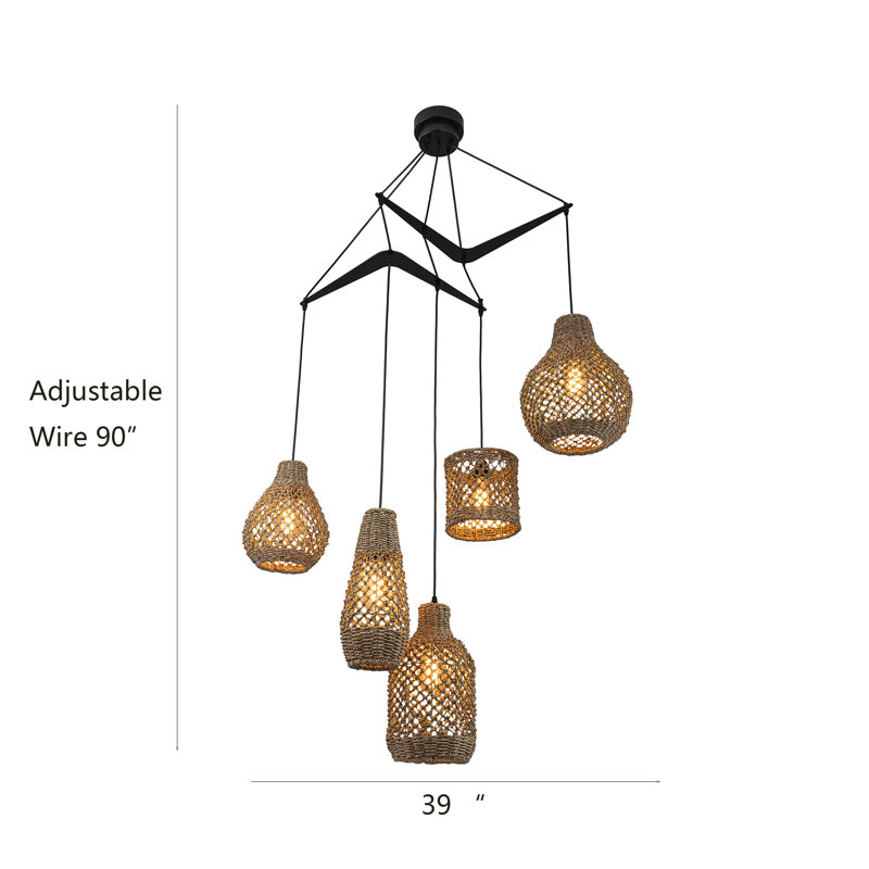 Lucien 5-Light Seagrass Pendant Light Modern Linear Chandelier With Natural Shade In Matte Black