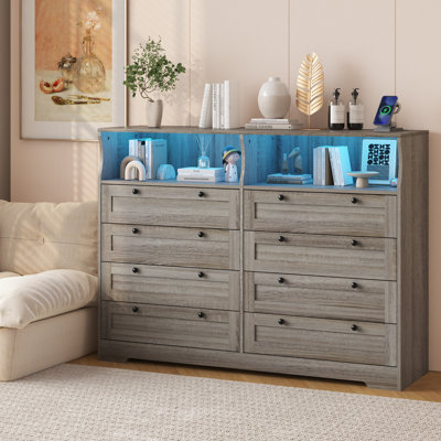 Commode à 8 tiroirs pour chambre à coucher, grande commode avec éclairage DEL, commode en bois gris avec étagères de rangement ouvertes, grand meuble de rangement pour chambre à coucher
