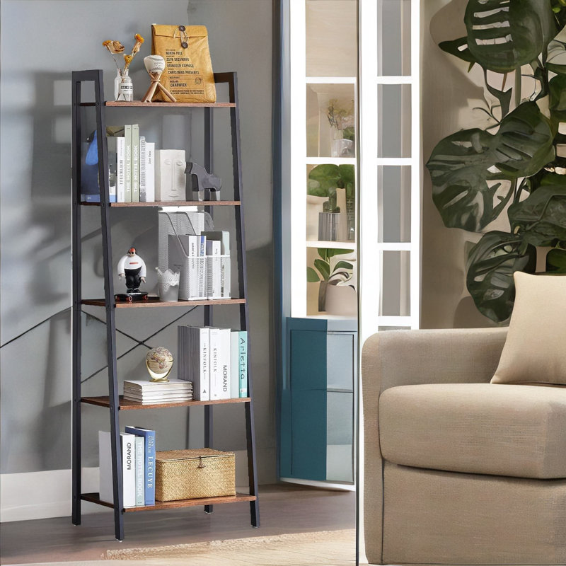 Aeneus Rustic Ladder Shelf Bookcase Industrial Rustic Brown Home Living Room Furniture