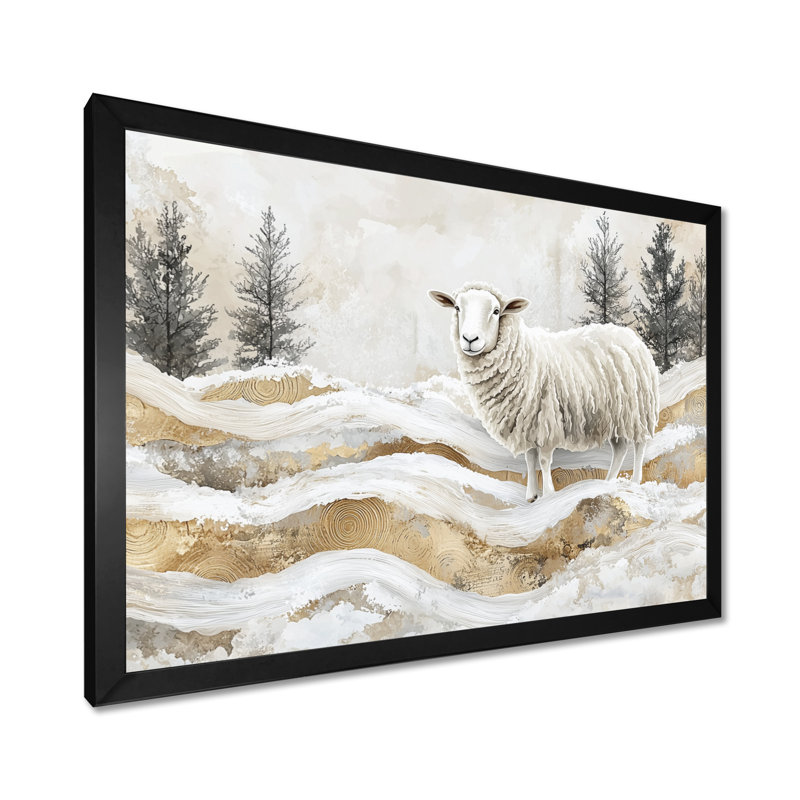 Doti doré marbré mouton à la ferme paysage d'hiver I - mouton, art mural sur toile, Reproduction encadrée d'une seule photo
