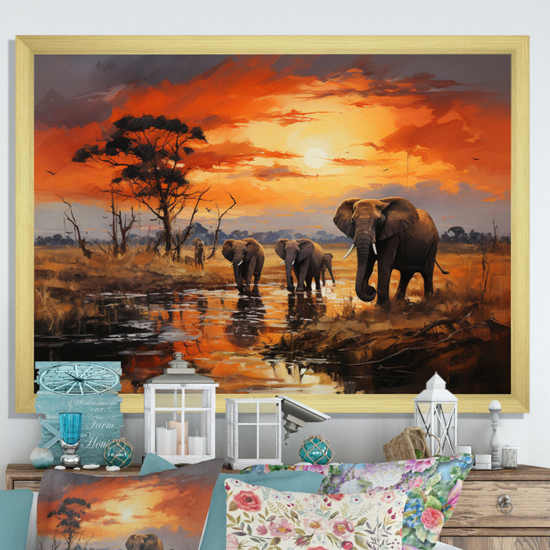 «Elephant Wandering Giants II», reproduction sur toile, H 24 po x l 32 po x P 1 po, Encadrement doré