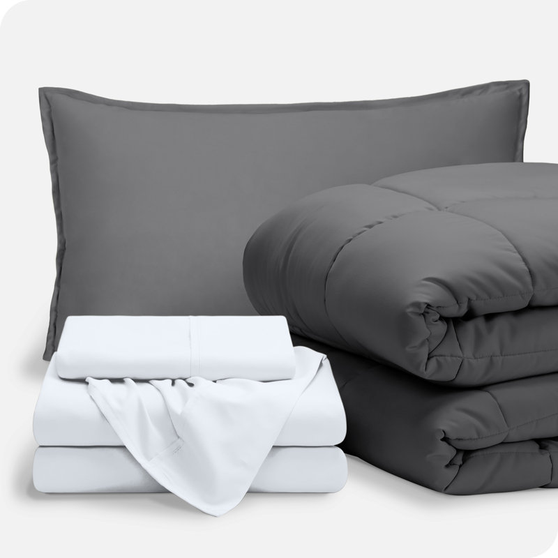 Lit dans un sac en microfibre 1800 de qualité supérieure 1800, Gris / blanc, Édredon simple TG et 4 pièces supplémentaires