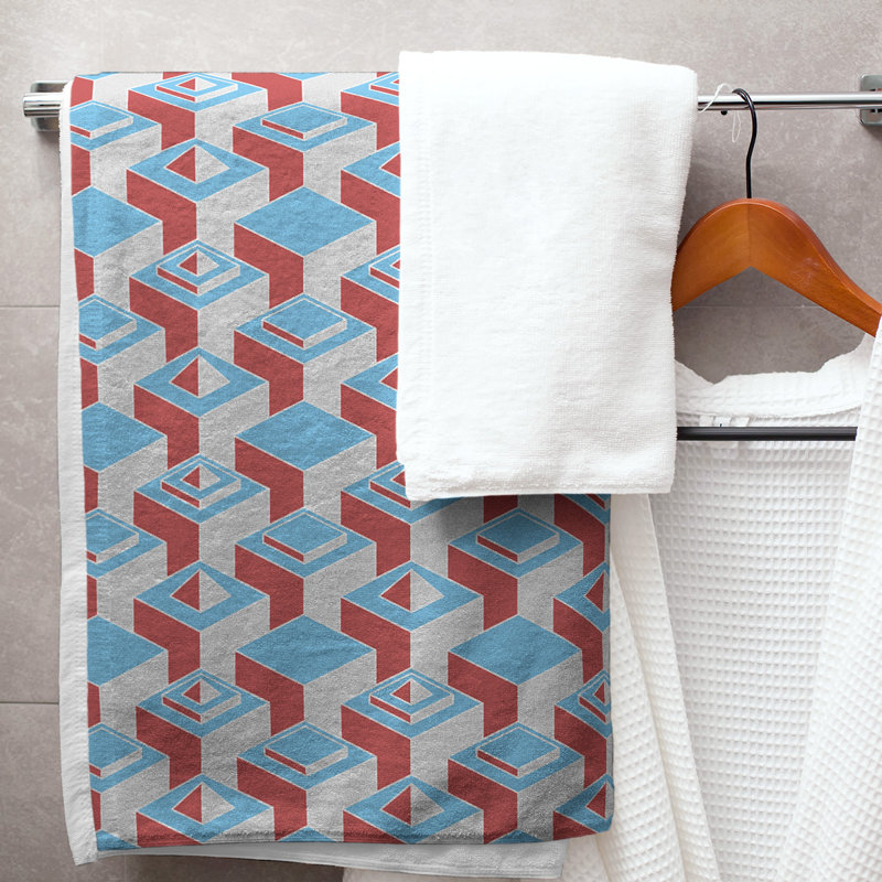 Serviette de bain à motif de gratte-ciels classiques, Bleu sarcelle/rouge foncé