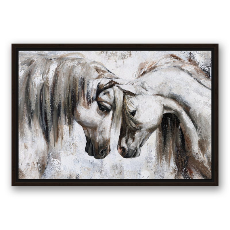 Nuzzling Horses - Peinture sur toile, H 17,75 po x l 25,75 po x P 1,75 po, Toile brune avec cadre flottant