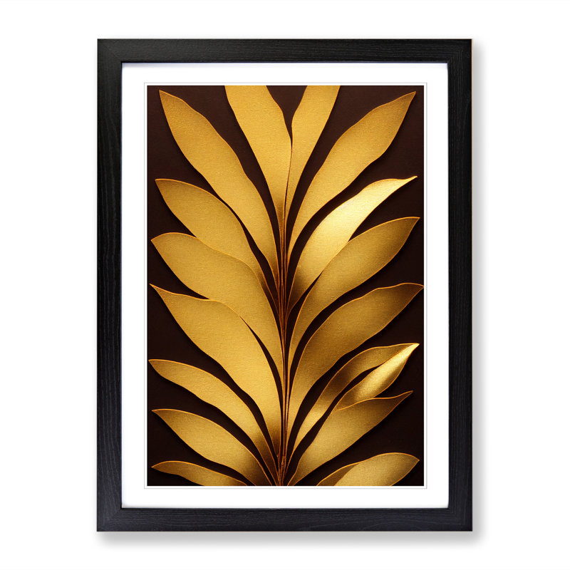 FRM-V0523-814X Floral Gold Leaf Foil - Single Picture Frame Print, Black Framed, 64cm H x 46cm W x 2cm D