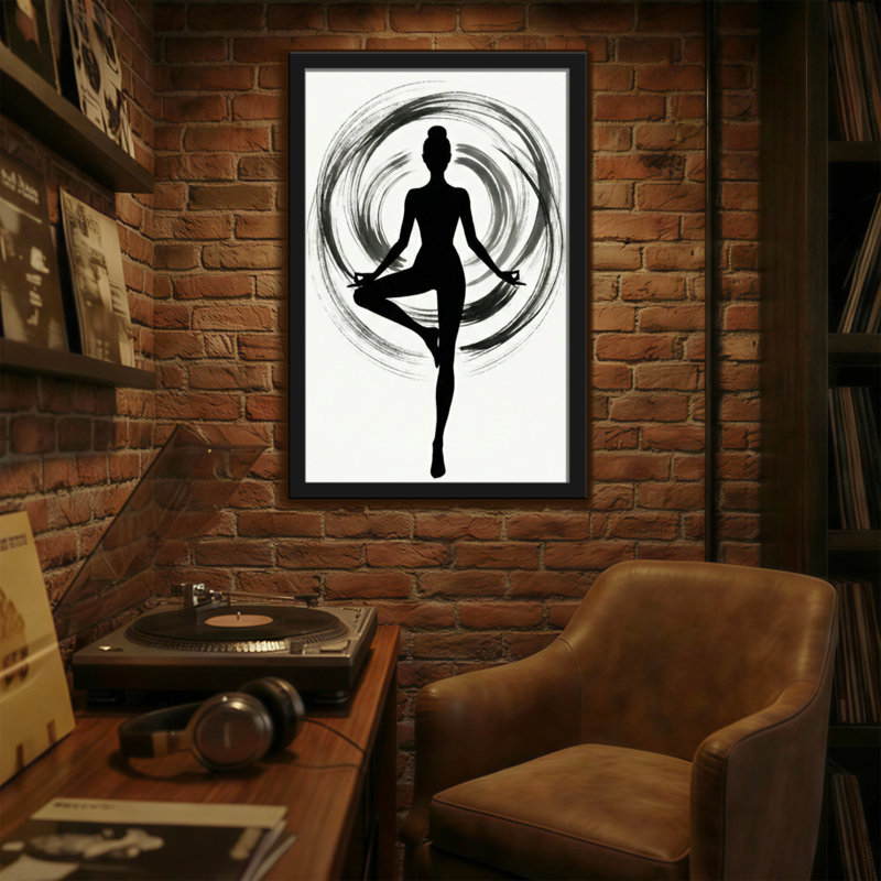 Silhouette abstraite, pose de yoga, coups de pinceau circulaires, H 18 po x l 12 po