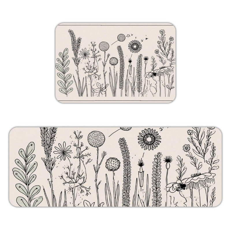 Croquis de fleurs sauvages, ensemble de 2 tapis de cuisine