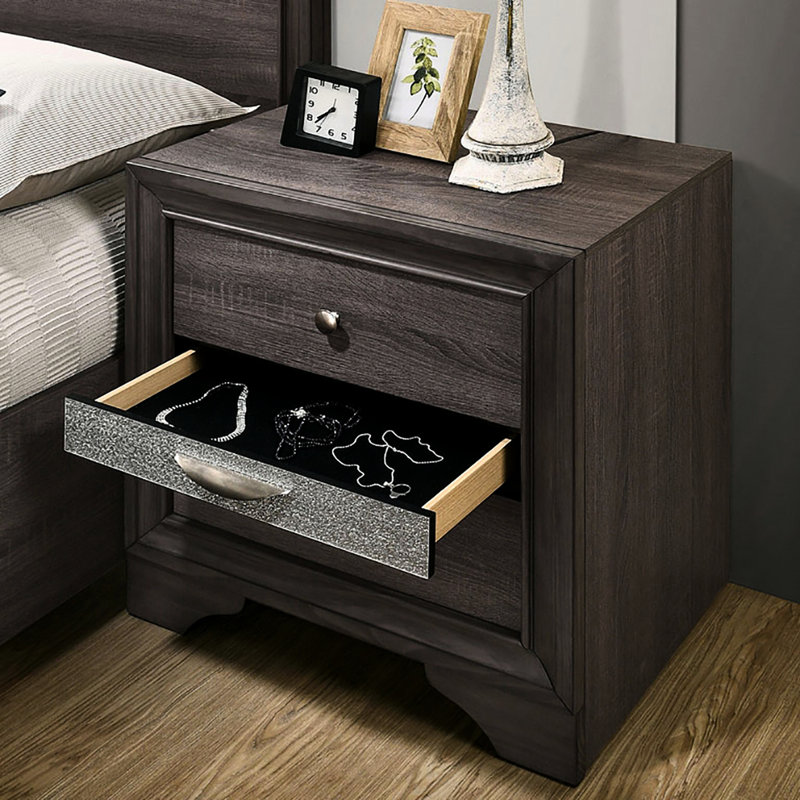 Table de chevet 3 tiroirs en bois gris avec poignées en nickel - Boîte de rangement dissimulée pour chambre à coucher