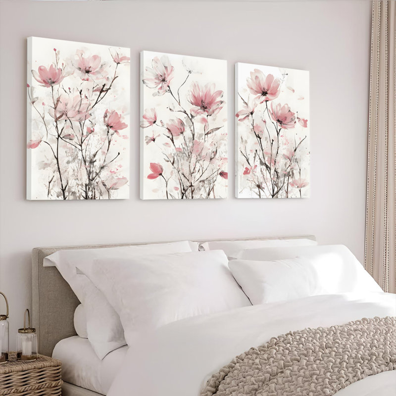 Toile tendue sur châssis, motif floral rose poudré, abstrait (paquet de 3), H 30 po x l 60 po