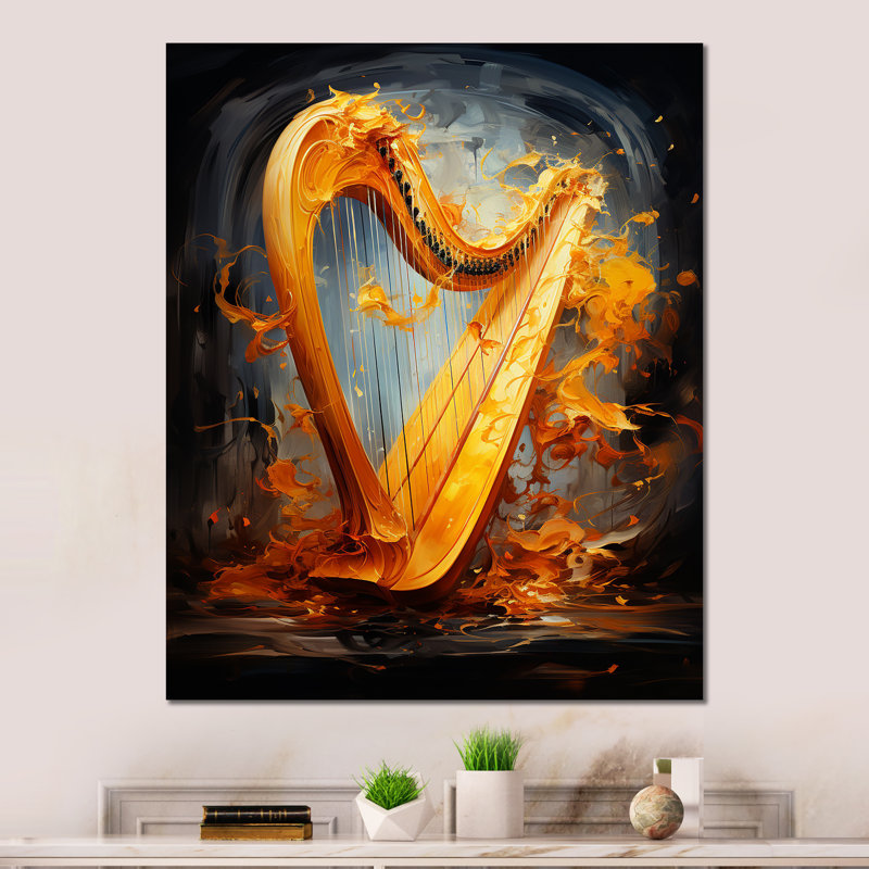 «Majestic Golden Yellow Harmonic Harp» sur métal, H 32 po x l 24 po x P 1 po