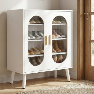 Armoire à chaussures 2 portes avec bande lumineuse à DEL USB, 4 tablettes intérieures et 24 lumières réglables