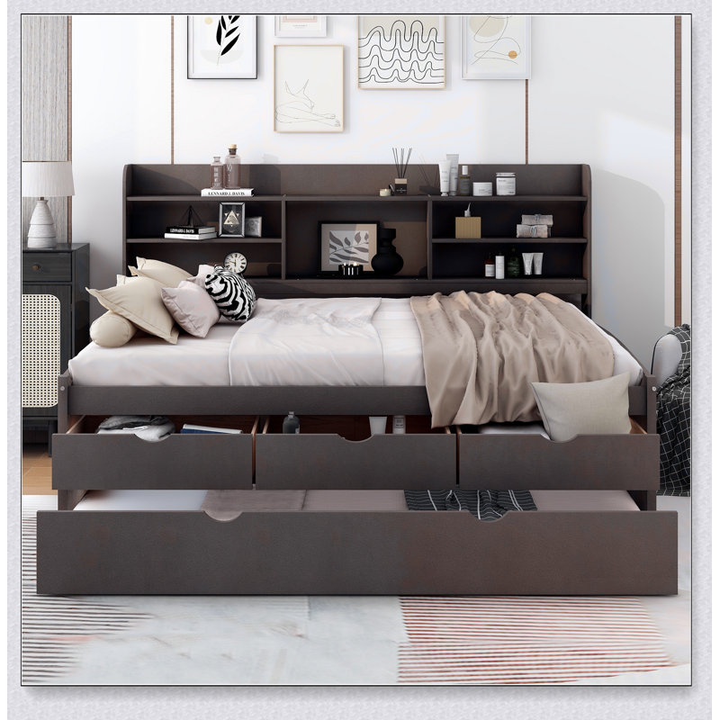 Wooden Captain Bed With Built-In Bookshelves,Storage Drawers And Trundle, Antique Gray