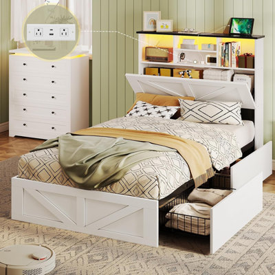 Farmhouse Bed Frame with Bookcase Headboard & 4 Storage Drawers - Rustic Wooden Platform Bed with LED Lights , No Box Spring Needed