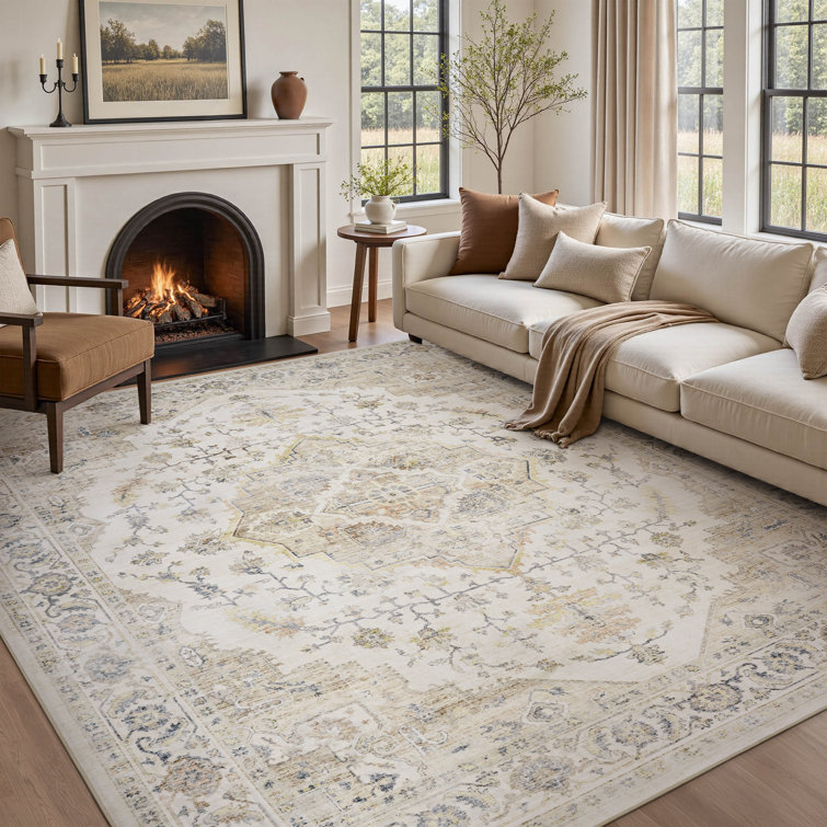 Machine Washable Vintage Floral Area Rug For Living Room, Bedroom