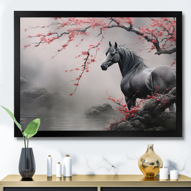 Art asiatique, cheval gris I - art mural cheval, Cadre simple noir, H 30 po x l 40 po x P 1,5 po