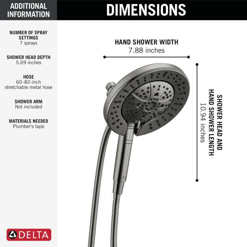 Delta Faucet 7-Setting In2ition 2-in-1 Dual Shower Head with ProClean Spray 2.5GPM, Lumicoat  Black Stainless