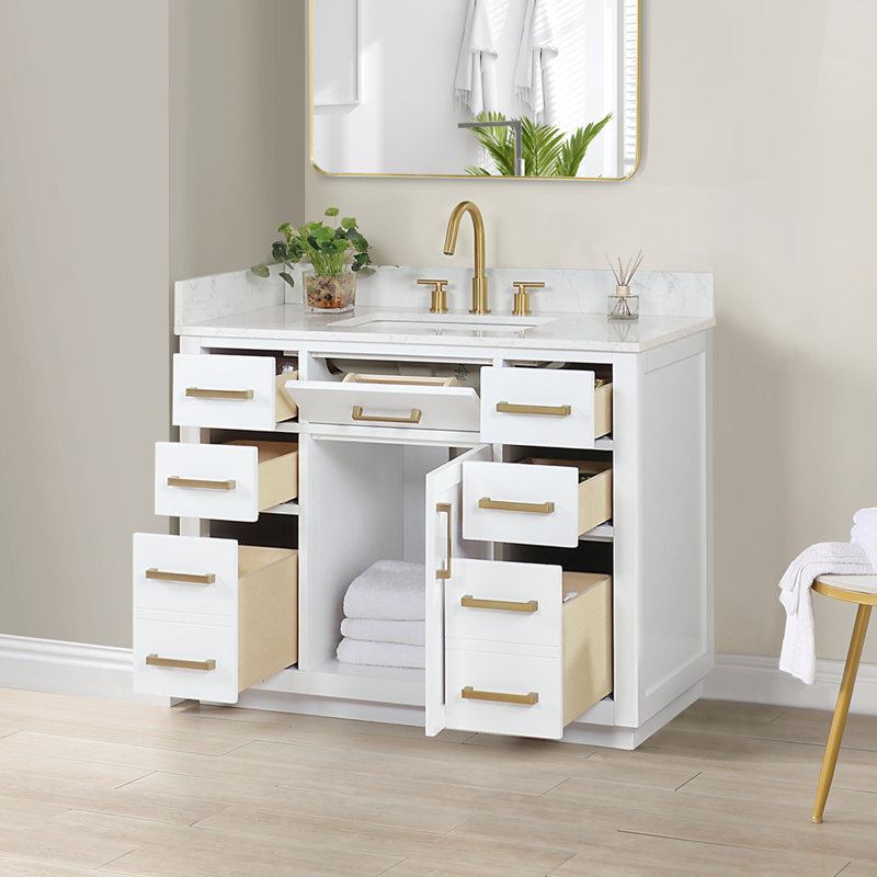 Gavino 42'' Single Bathroom Vanity with Engineered Stone Top, White