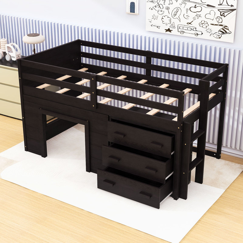 Lit mezzanine simple en bois avec tiroirs et tablette de rangement intégrés, Espresso
