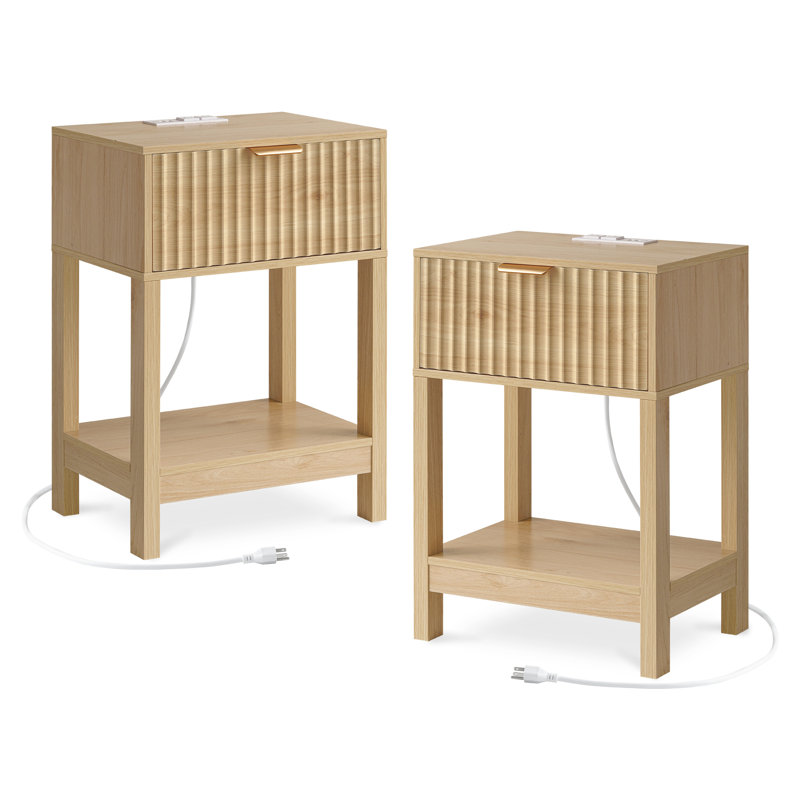 Ensemble de 2 tables basses, tables de bout et tables d'appoint avec station de charge, table basse à plateau relevable avec rangement, conception cannelée, ensemble de tables d'appoint en bois avec tiroir et tablette ouverte pour chambre à coucher, mobilier de salon, nature