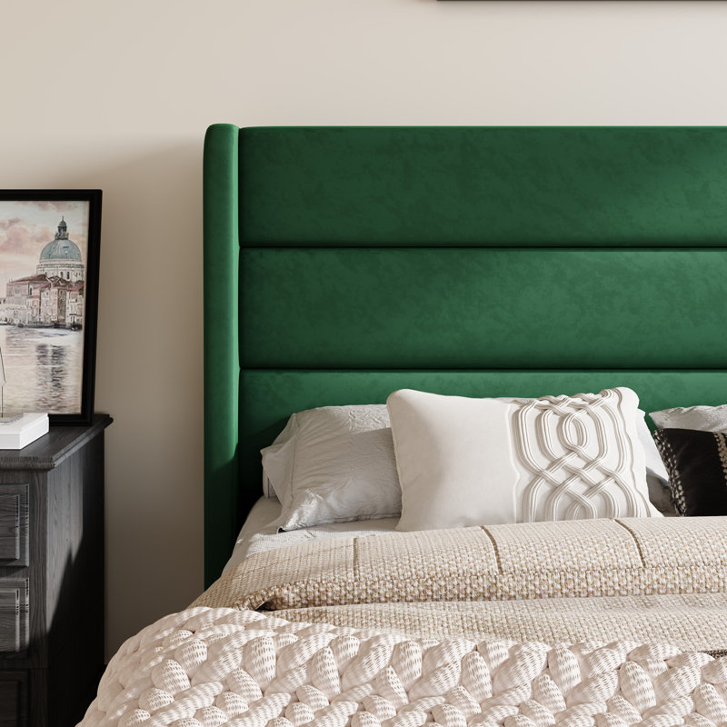 Modern Velvet Upholstered Platform Bed With Wooden Slats Wingback Headboard Included, King, Green
