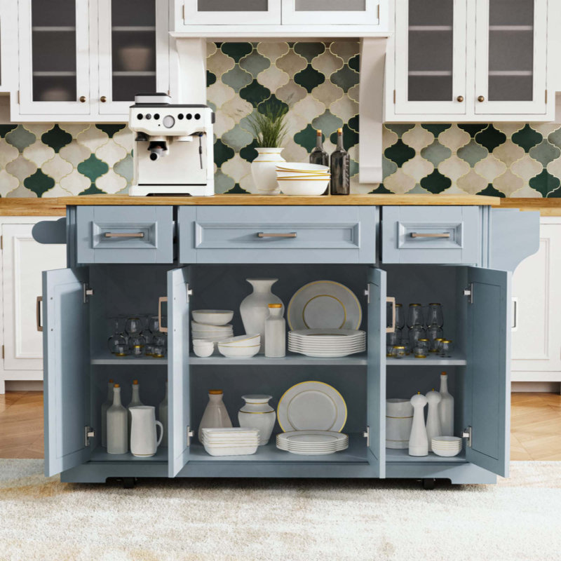 Kitchen Island With Rubber Wood Drop Leaf, Embossed Texture Rolling Kitchen Cart On 4 Wheels With 4 Doors And 3 Drawers, Kitchen Island With Storage For Kitchen, Dining Room