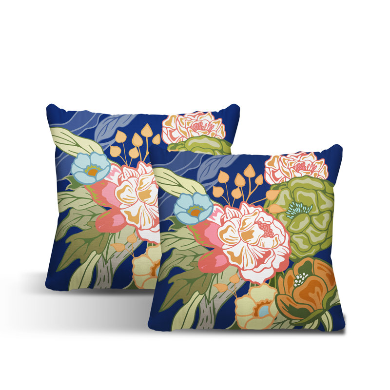 Floral Outdoor Reversible Throw Pillow, 19W" x 19H", Navy/Lime/Orange