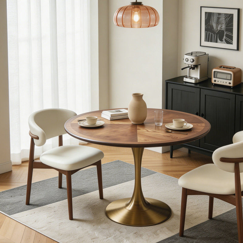 Nut-brown Round Solid Wood Dining table, 29.45" H x 35.43" W x 35.43" D