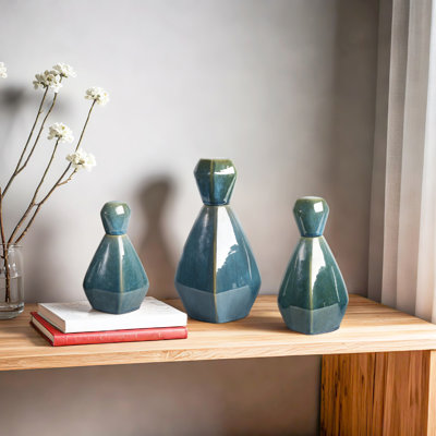 Elegant Faceted Ceramic Flower Vases in Bottle Design for Home Decor - Table Vase Accent for Living Room or Shelf Styling - Set of 3, Blue