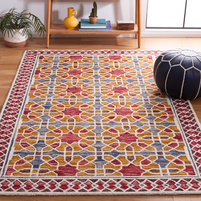 Bobbi-Jane Hand Tufted Wool/Cotton Geometric Rug in Red/Yellow, Rectangle 8' x 10'