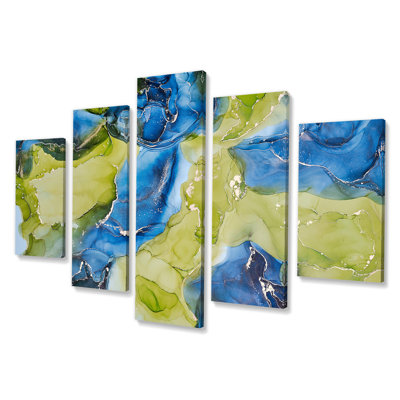 «Blue and Green Luxury Abstract Fluid Art», peinture sur toile tendue 5 pièces