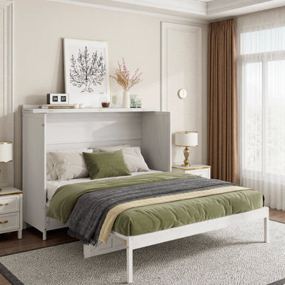 Grand lit escamotable avec tiroirs de rangement et chargement USB - Blanc brossé Marvel