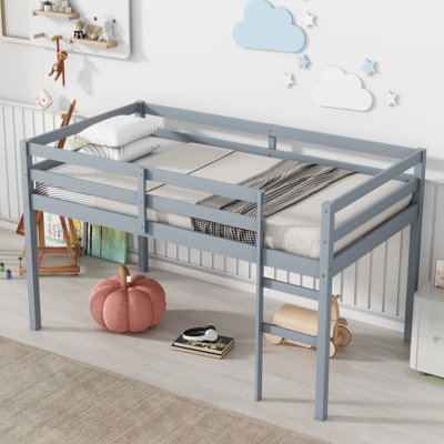 Low Loft Bed Twin Size With Ladder, Wooden Loft Bed For Kids, Junior, Young Teens, Pine Wood Twin Bed Frame, Space-Saving Design, No Box Spring Needed, Easy Assembly, Gray