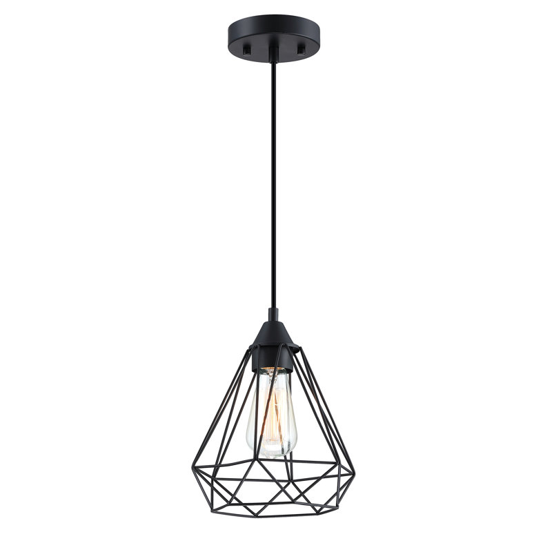 1-Light Pendant With Black Finish And Steel Cage Shade