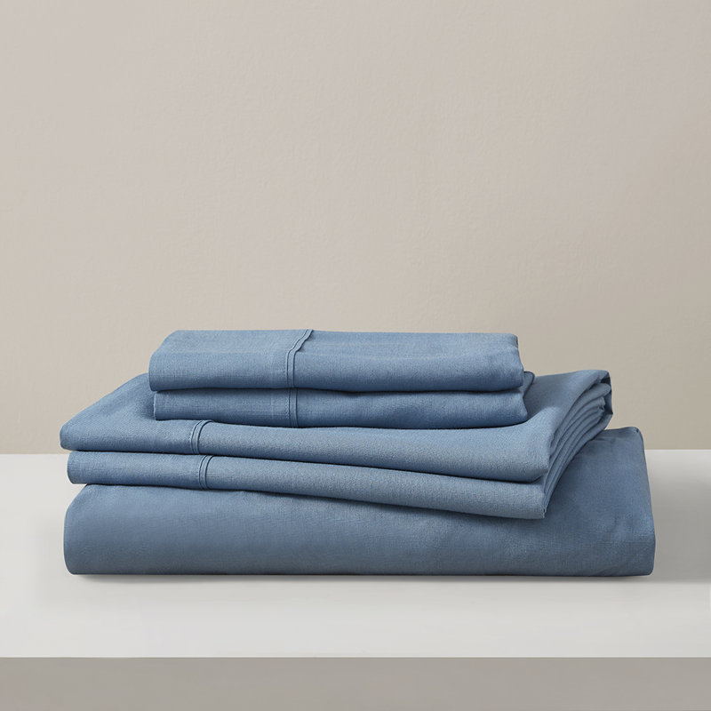 Ensemble de draps en bambou et lin, Ensemble de draps pour grand lit avec 2 taies d'or, Bleu ardoise