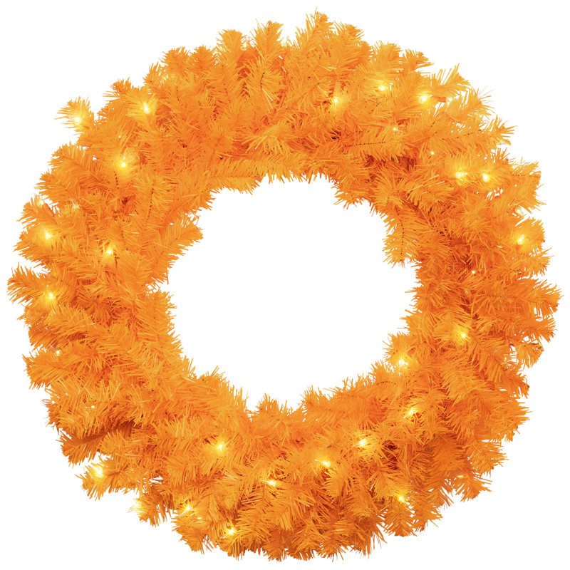 Pre-Lit Artificial Pine Christmas Wreath - Clear Lights, Orange, 24" H x 24" W x 5" D