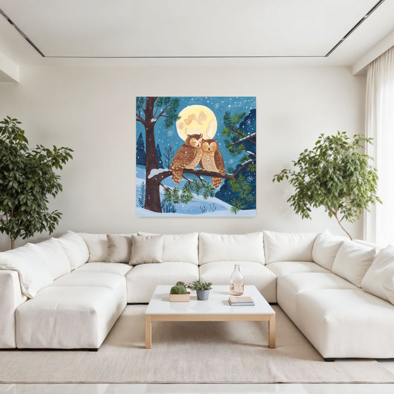 Art contemporain contemporain classique, pin, oiseau, hibou, paysage, forêt, H 48 po x l 48 po