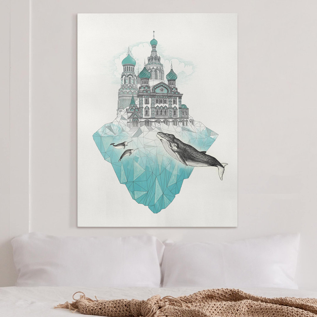 Leinwandbild Illustration Kirche mit Kuppeln und Wal